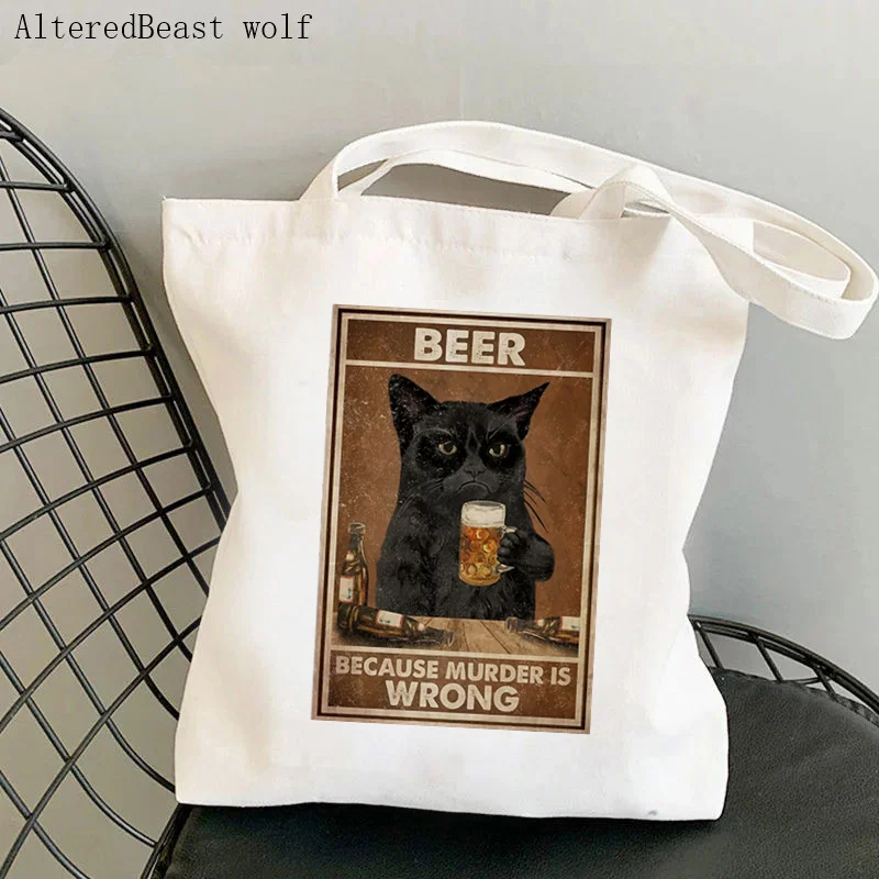 Women Shopper bag Vintage Beer Because Murder Is Wrong Cat Bag Harajuku Shopping Canvas Bag girl handbag Tote Shoulder Lady Bag top level adjustable fabric bag strap for multi pochette accessories lady designer handbag women bumbag carry belt