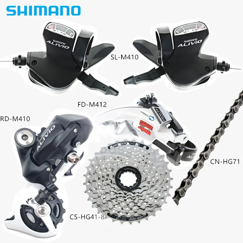 

SHIMANO Alivio M410 Groupset RD-M410 FD-M412 Derailleur SL-M410 Shifters HG41-8 HG31-8 Cassette HG71 Chain Group Set