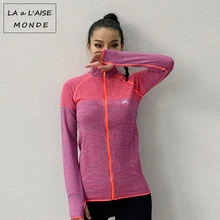 Передняя молния женские рубашки для йоги длинный рукав, для йоги Топ Спортивная одежда Быстросохнущий Спортивный костюм для женщин бег стоячий воротник рубашка