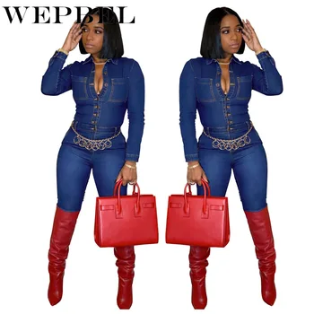 

WEPBEL Women Jumpsuit Denim Long Sleeve Bodycon Bodysuit Solid Color Slim Fit Skinny Jumpsuits Rompers Leotard Overal Overalls