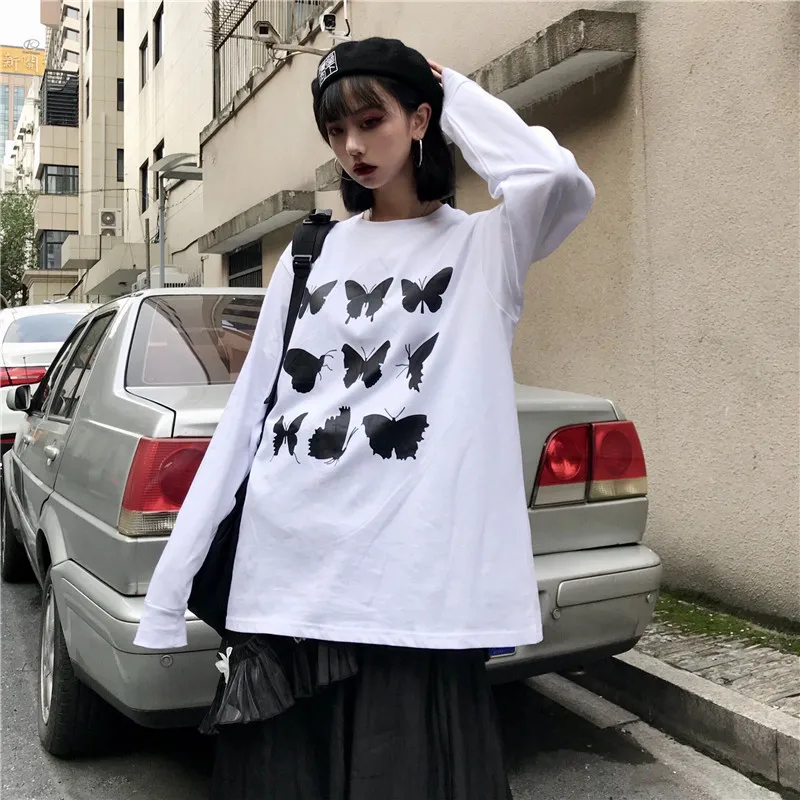 Neploe Ins Harajuku стиль уличная одежда для влюбленных унисекс футболки с круглым вырезом и принтом бабочки футболка с длинным рукавом низ Свободный Повседневный женский топ