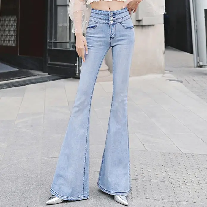 light blue Большие размеры 26-30! джинсы с высокой талией женские осенние эластичные джинсы женские обтягивающие расклешенные джинсы - Цвет: light blue