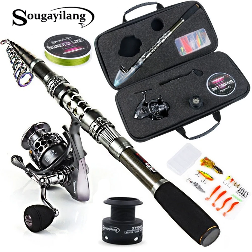 Sougayilang Telescopic Fishing Rod With Spinning Reels Combos Fishing Reel Pole Lure Line Bag Sets Kit For Travel Fishing Tackle