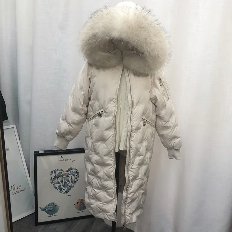 Стиль, зимний пуховик Dongdaemun в Корейском стиле, женский, средней длины, свободный, толстый, большой размер, снежинка, большой меховой воротник