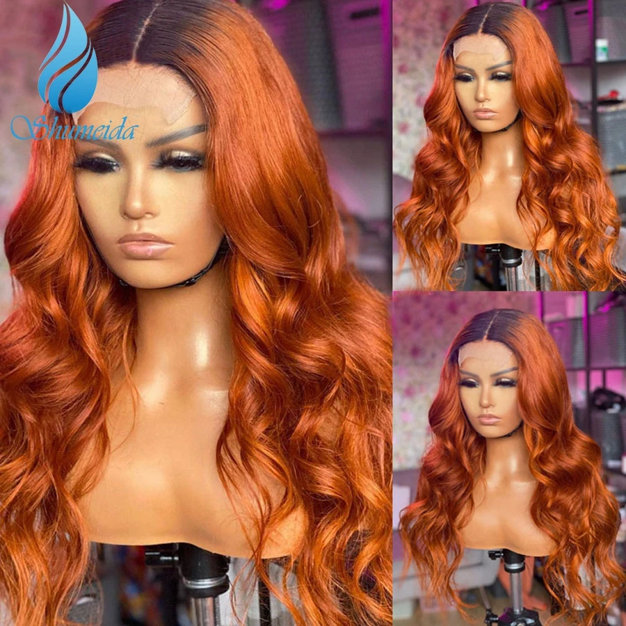 

Shumeida Ombre Orange Color 13*6 Lace Front Wigs Pre Plucked Hairline Peruvian Remy Human Hair Body Wave Glueless Wig for Women