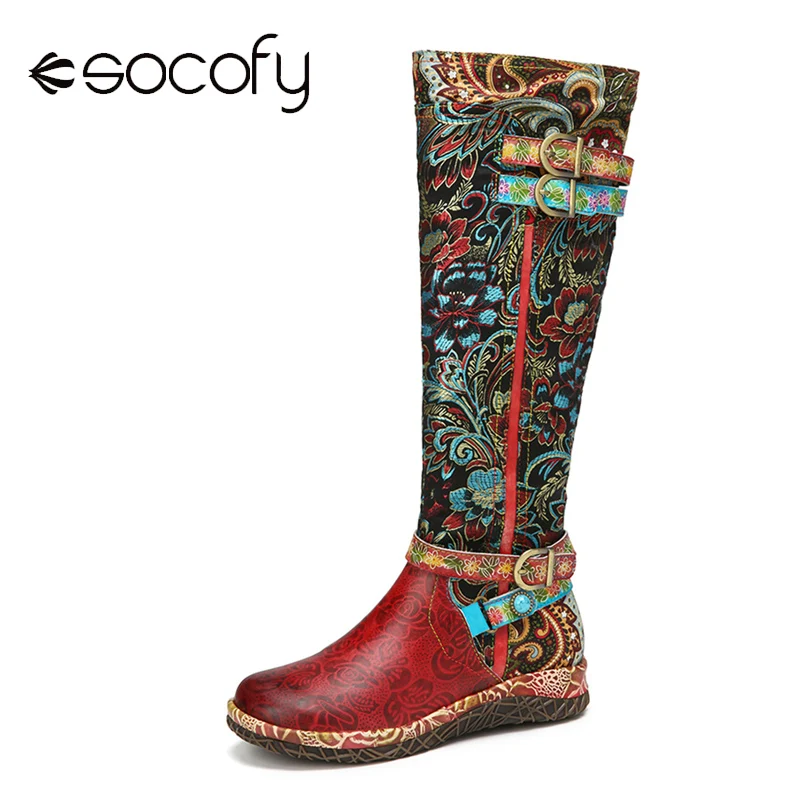Женские кожаные сапоги SOCOFY с цветочным принтом тиснением удобные круглым носком
