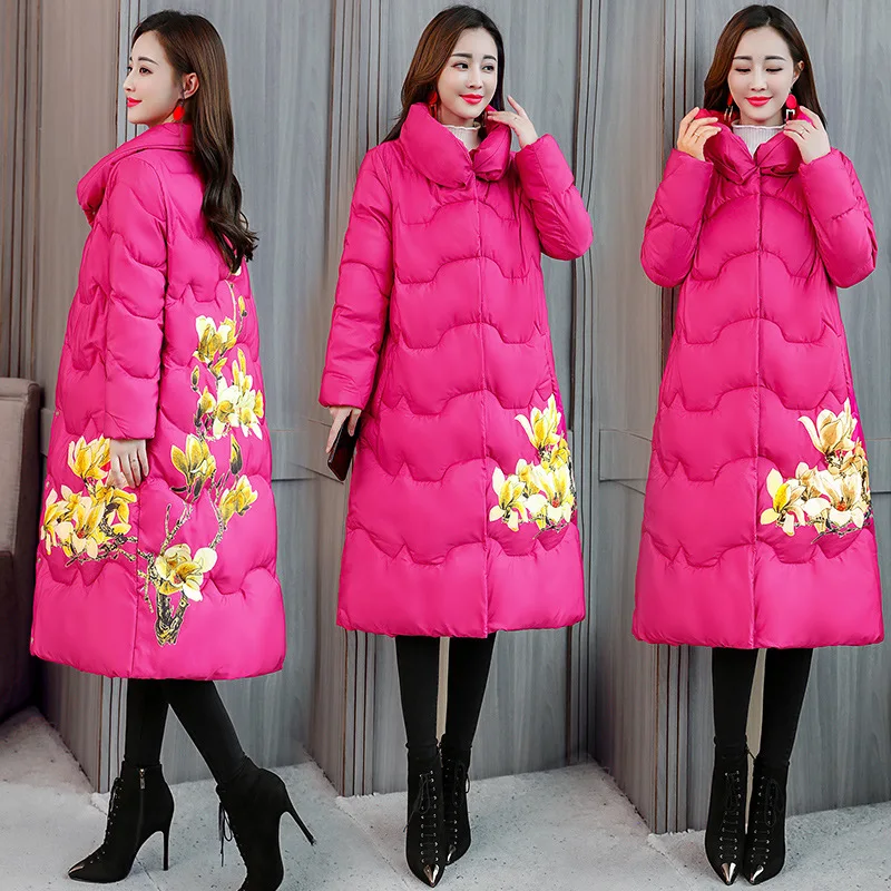 

Ethnic-Style Cotton-padded Jacket Women's 2019 Winter New Style Korean-style Loose-Fit Printed Mid-length over-the-Knee Cotton O