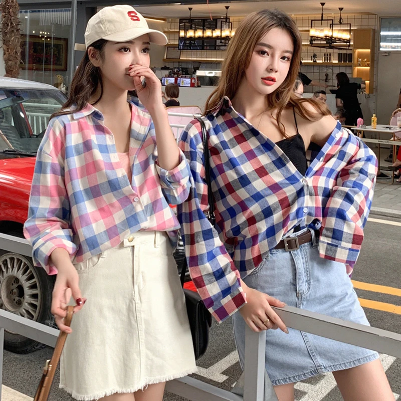 Новая Осенняя рубашка для женщин Harajuku розовые клетчатые рубашки свободные рубашки с длинными рукавами хлопковые школьные рубашки для девочек Женская блузка#036