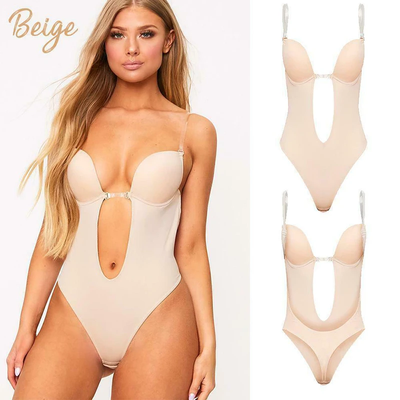 Details about   Women Plunging Deep V-Neck Strapless Backless Clear Straps Bodysuit Shapewear US 