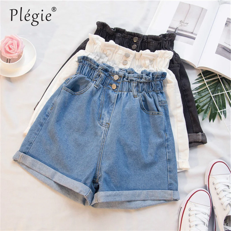 

Plus Size Summer Black Women's Denim Shorts Large Size 5XL Harem Ruffle White High Waisted Shorts Elastic Waist Jeans for Women