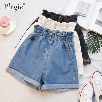 

Plus Size Summer Black Women's Denim Shorts Large Size 5XL Harem Ruffle White High Waisted Shorts Elastic Waist Jeans for Women