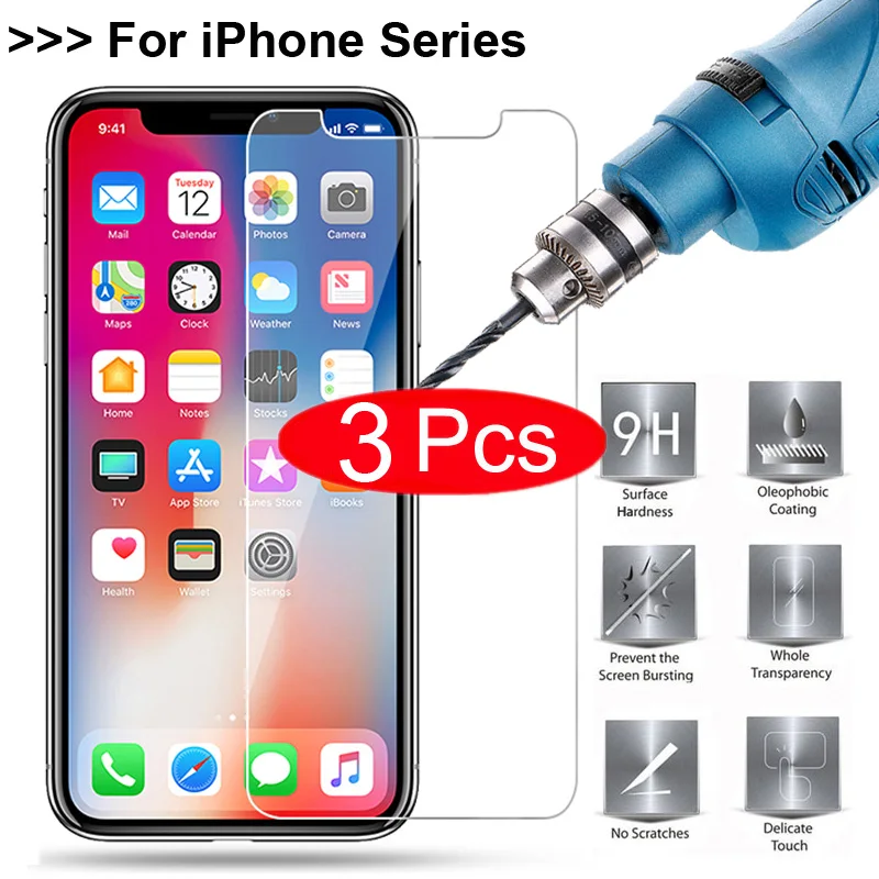 

3Pcs Case For iPhone XS X 11 Pro Max XR 8 7 6 6S Plus 5 5S 5C SE 4 4S XS Max Cover On Tempered Glass Screen Protector Glass Film