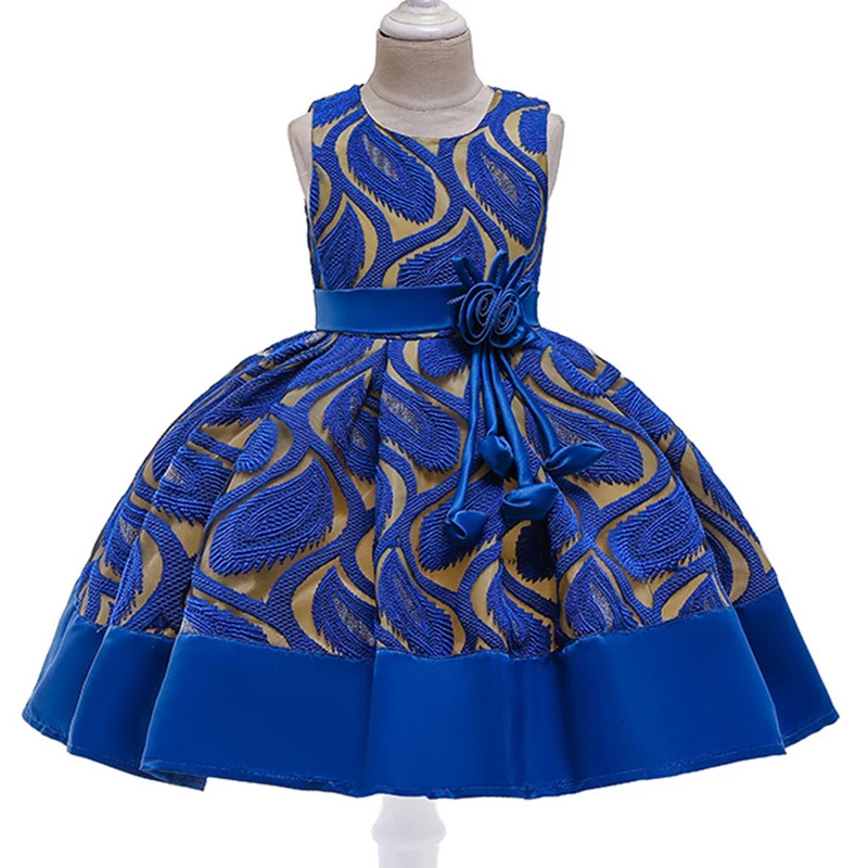 Рождественское платье в полоску с цветочным принтом для маленьких девочек; платья для свадебной вечеринки; платье в горошек для дня рождения для малышей; одежда для детей - Цвет: Blue