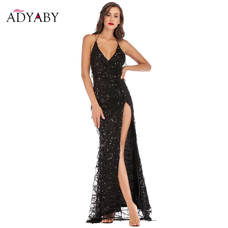 

Black Sexy Backless Sequin Dress Women New Arrival 2019 Summer Deep V-Neck Celebrity Evening Party Split Dresses Long Dress