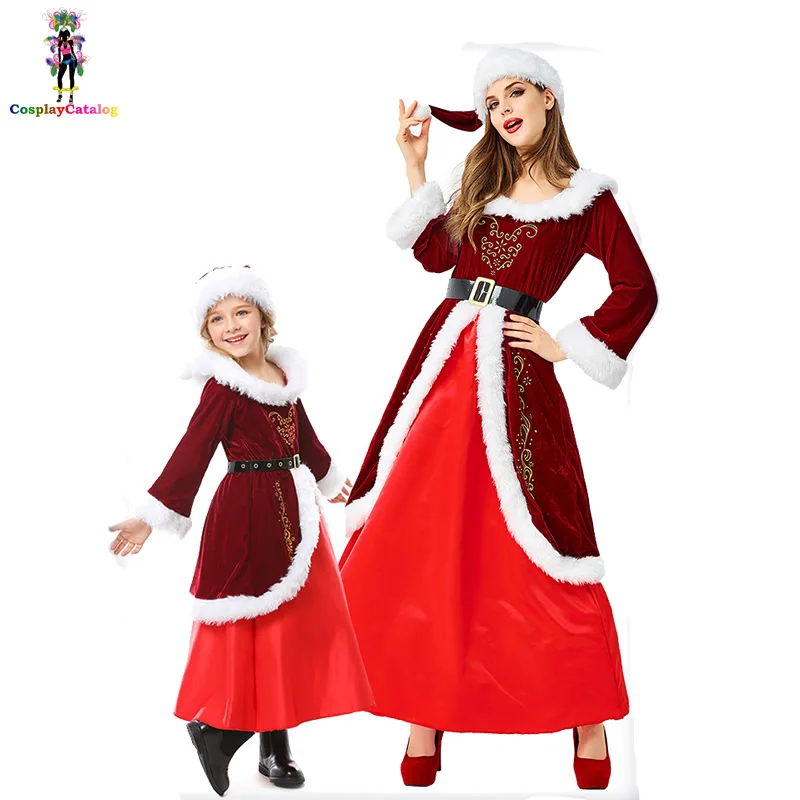 

Christmas Eve Uniforms Santa's Helper Costume Adult/Girl Princess Costume Santa Velvet Holiday Mother and Daughter Long Dress