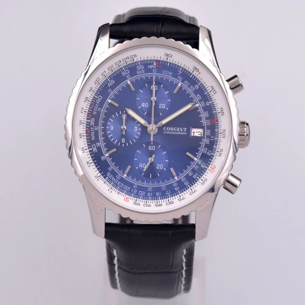 Новые 46 мм Corgeut белые кварцевые спортивные часы мужские часы Полный Хронограф КОЖА