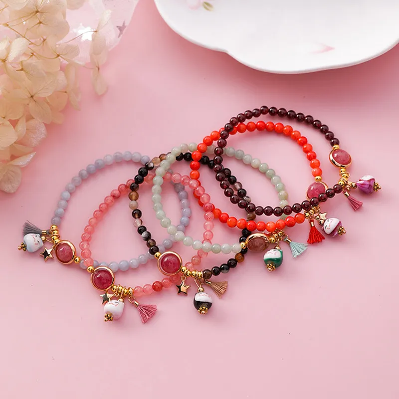 Hand-knitted Ceramic Lucky Cat Charm Rope Bracelets Tassel Beads for Women bracelet jewelry,shell charm bracelets