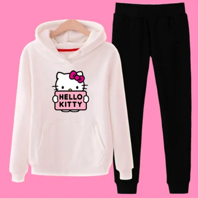 P66 3xl hello-kitty зимний женский комплект из 2 предметов с длинными рукавами, флисовая толстовка с капюшоном, пуловер, костюм, спортивные костюмы, одежда - Цвет: White