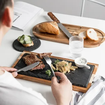 

Solid Wood Snack Disc Wood Tray Black Slate Bread Plate Wooden Western food Bread Service Tray Novelty Japanese Food Plate