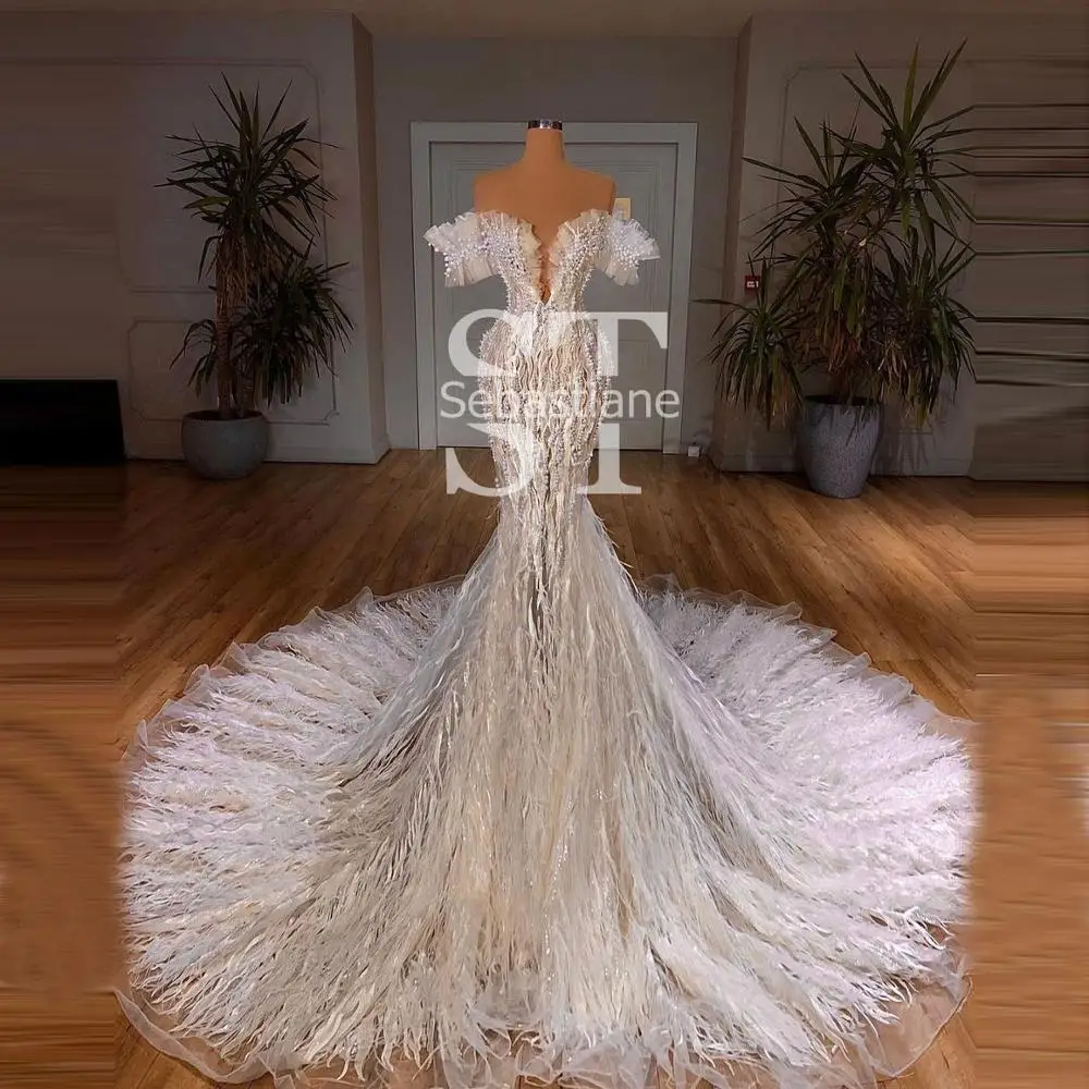 

Luxury Feathers Mermaid Evening Dresses Real Image Cap Sleeves Pearls Beaded Custom Made Long Prom Dress With Train