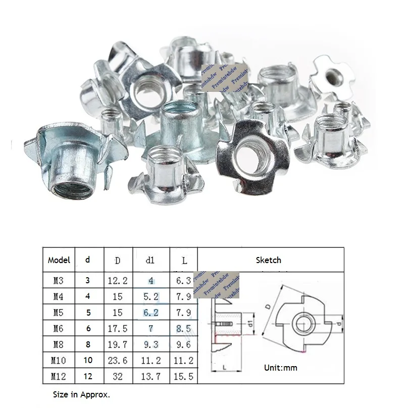 100 шт/партия M3 M4 m5 m6 m8 m10 m12 4 Тройник Т Гайка t-гайка Резьбовая Встроенная гайка цинковая плита стальная деревянная мебель