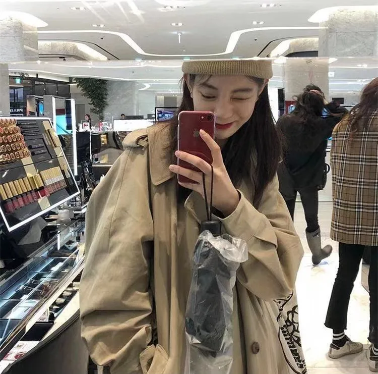 South Korea INS Funny of GIRL'S Retro Double Breasted Loose-Fit Mid-length Trench Coat