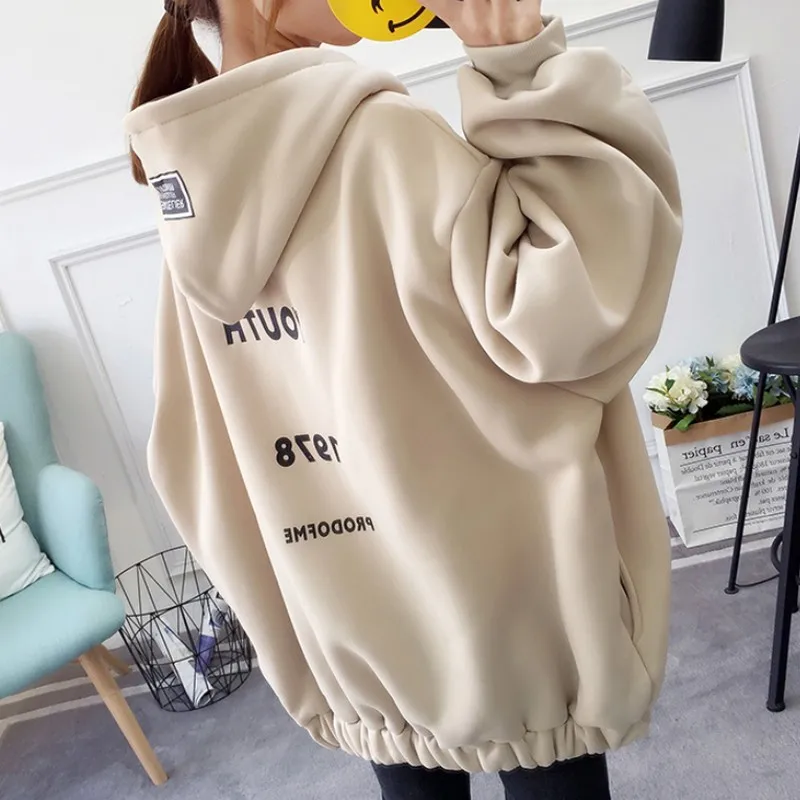

Autumn Winter Women's Sweatshirt Letter Printing Zipper Sweatshirt Woman Plus Velvet Thickening Oversized Hoodies for Women