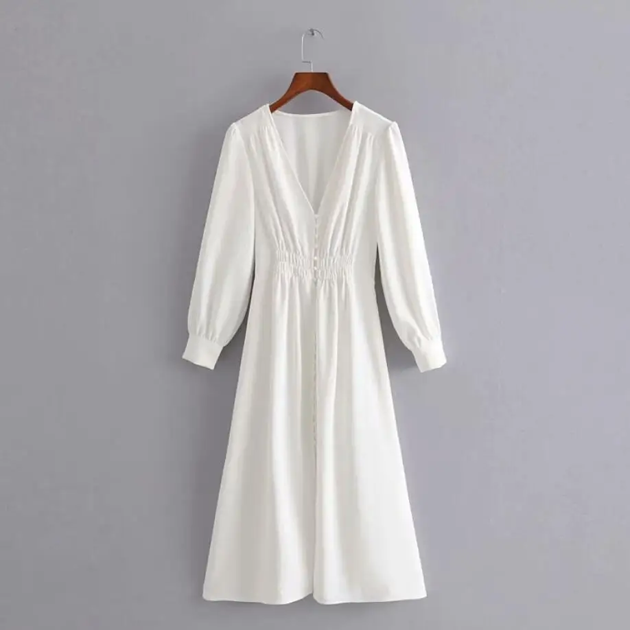 

2019 new women elegant long sleeve v neck white midi dress ladies waist elastic single buckles casual slim party dresses