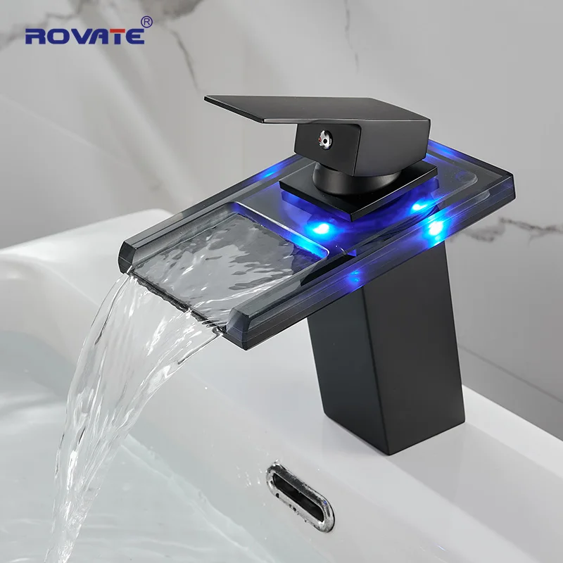 Светодиодный стеклянный смеситель ROVATE для раковины в ванной комнате светлый