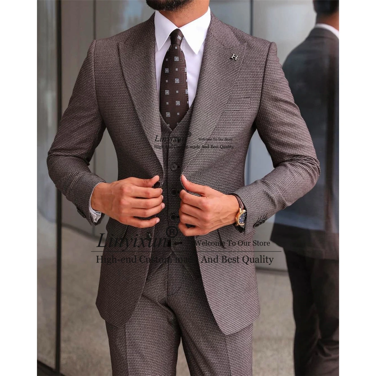 Tweed Wool Mens Suits Formal Business Blazer Herringbone Slim Wedding Groom Tuxedos 3 Piece Jacket Vest Pants Set Costume Homme | Мужская