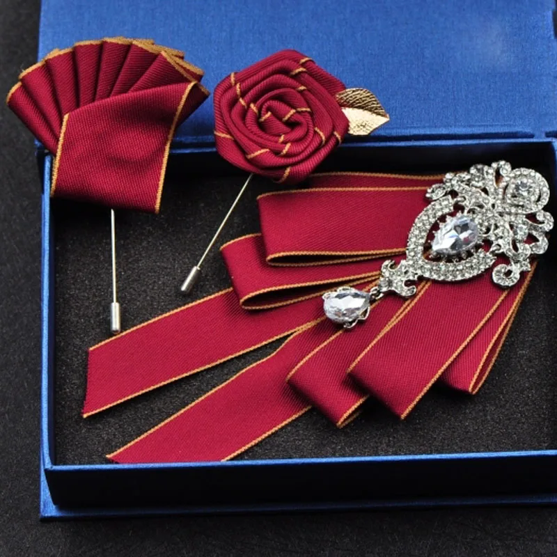 Red set 3 Новинка, модный Свадебный галстук-бабочка для жениха, стразы, британский галстук-бабочка, ручная работа, подарок для мужчин, аксессуары, дизайнерский Карманный квадратный - Цвет: Red set 3