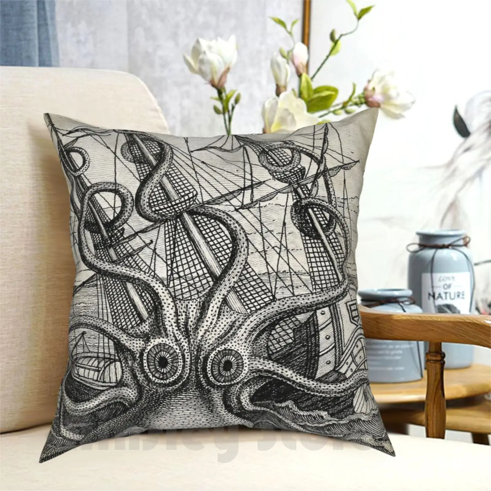 Vintage Kraken , Octopus Illustration Pillow Case Printed Home Soft Diy