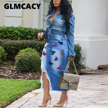 

Women Butterfly Embroidery Denim Bodycon Skirts Ripped Slit Bodycon Pencil Jeans Skirt Long Saia Jeans Bottoms