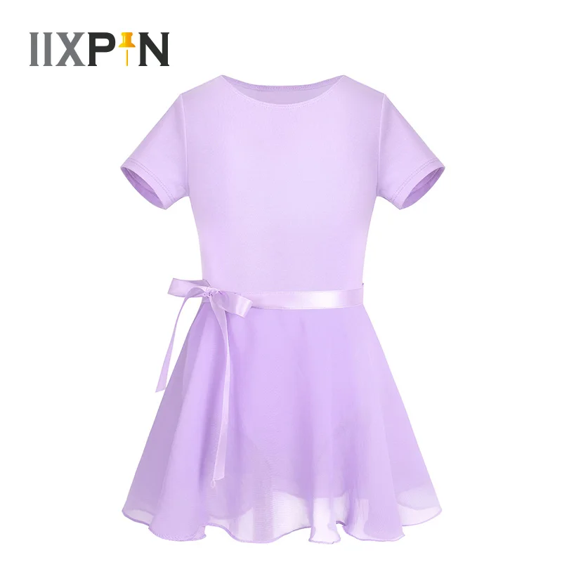 

Ballet Dress For Girls Cotton Short Sleeves Gymnastics Leotard Ballet Dance Dress with Chiffon Tied Skirt Outfit Set Dancewear