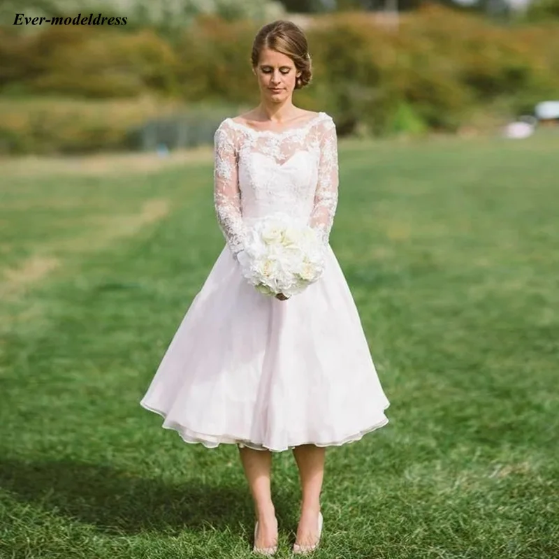 

Long Sleeves Wedding Dresses Short Tea-Length Lace Appliques Corset Back Simple Bridal Gowns Bride Dress Vestido De Noiva 2020