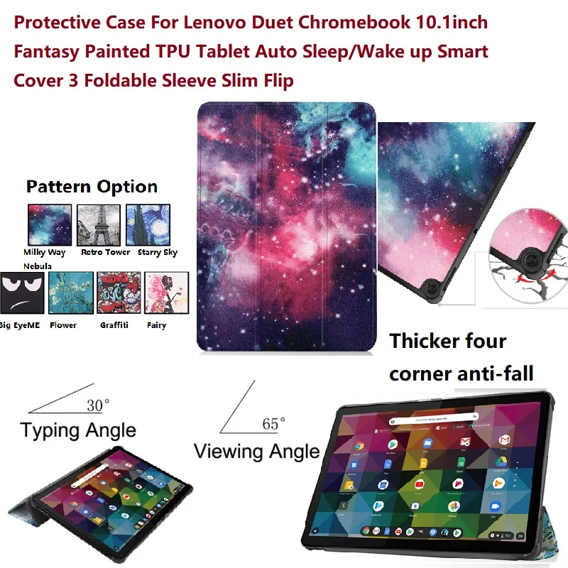 

Protective Case For Lenovo Duet Chromebook 10.1inch Painted Pattern Tablet Auto Sleep/Wake up Smart Cover 3 Foldable Sleeve Slim