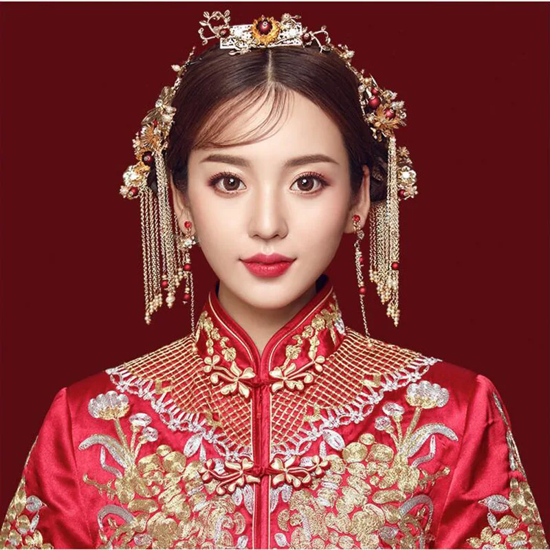 

New Chinese Traditional Wedding Hairpins Hair sticks Hair Comb set for Bride Gold Red Butterfly Head Accessories Pearl Hair Pins