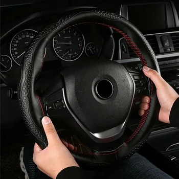 

Anti-slip Steering wheel cover Soft Black Leather Red Thread DIY 38cm Accessories