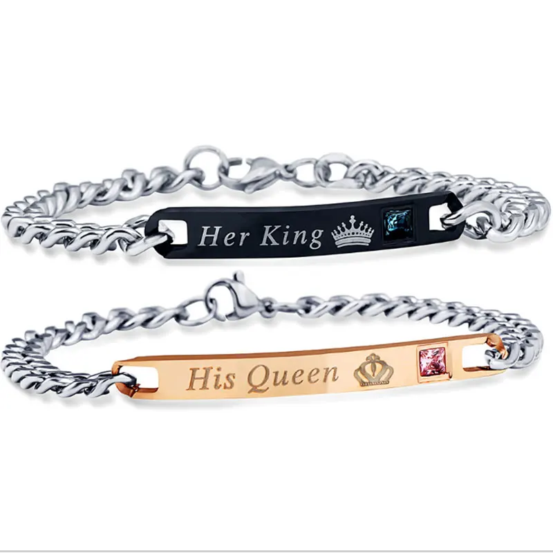 Ее король и его королева выгравировать браслет настроить браслеты из нержавеющей стали Шарм ID браслеты ювелирные изделия для пар женщин мужчин