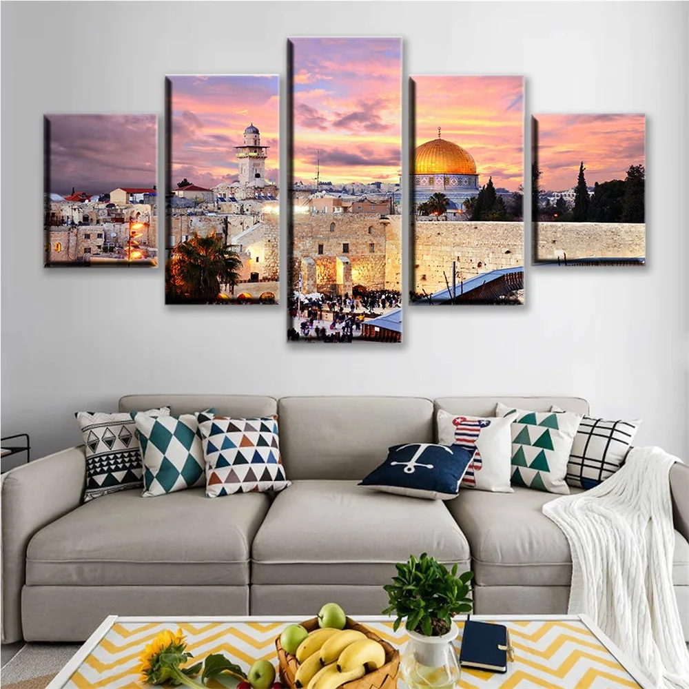 Modular Paintings Wall Art 5 Pieces Islamic Arabic Calligraphy Muslim Building Pictures HD Printed On Canvas Decor Living Room | Дом и сад