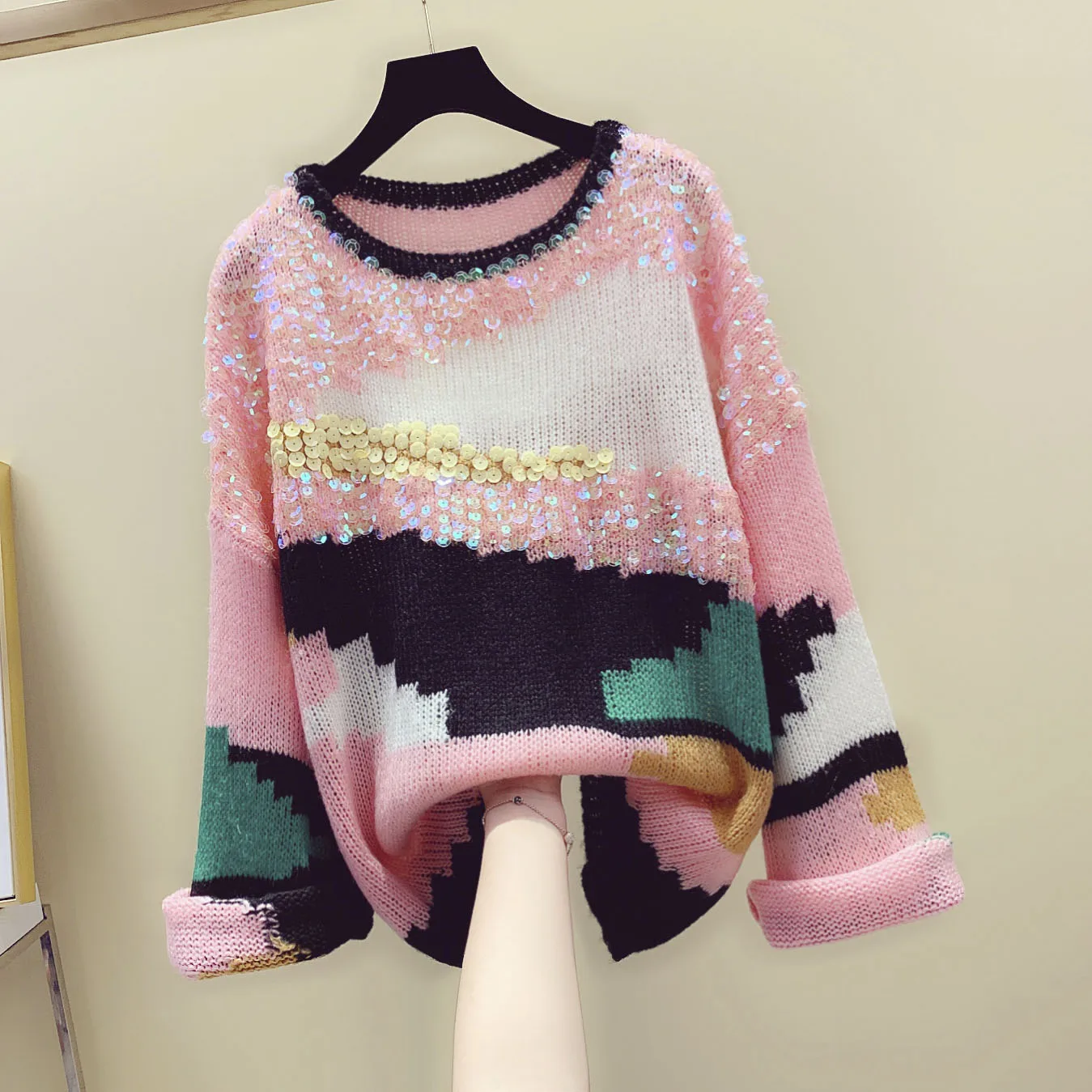

Sequined Sweater Women Oversize Sweaters Coat Women's 2020 Fall New Pattern Color Loose Bell Sleeve Lazy Wind Jumper Pullovers