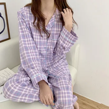 

Plaid Home Clothes Lounge Set Long Sleeve Sleeping Suit Female Night Wear For Women Spring Autumn 2 Pieces Set Sleepwear