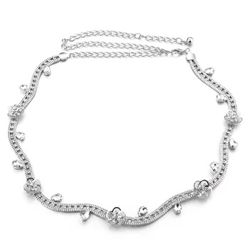 

Women's Diamante Rhinestone Flower Waved Waist Chain Belt For Party Dress