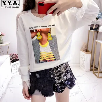 

New Lace Long Sleeve Sweatshirt Women Autumn Fashion Loose Beading Printed Black Pullover Tops High Street Sweatshirt