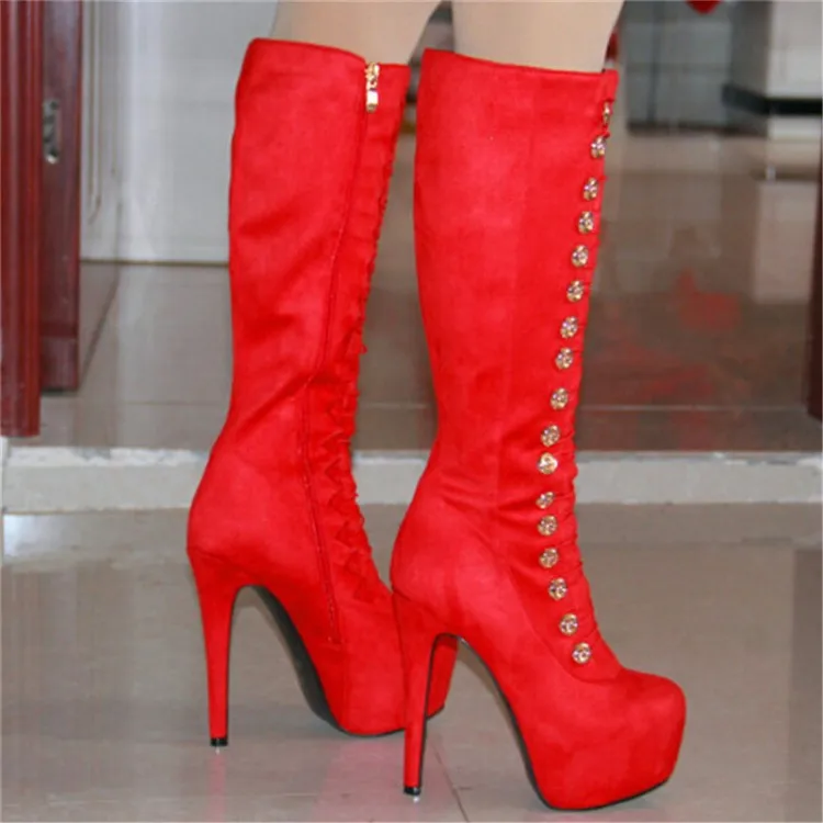 Женские сапоги до колена на платформе; сапоги на высоком каблуке-шпильке; вечерние туфли с круглым носком; Цвет фиолетовый, красный, черный; большие размеры США 5-15