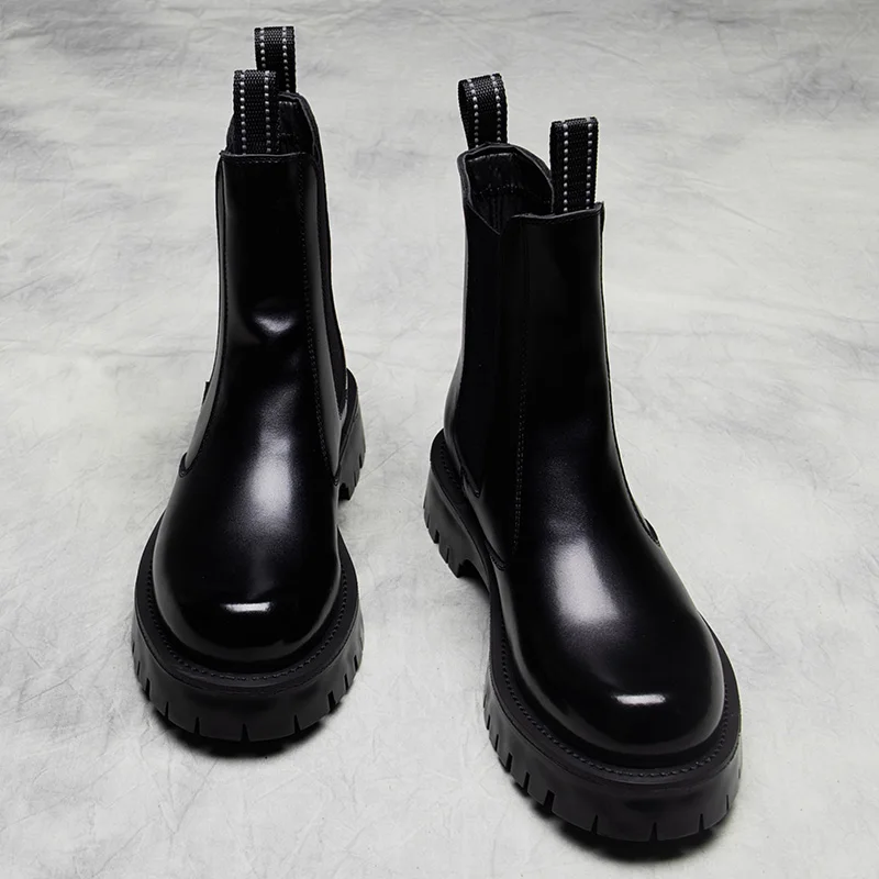 brand designer men's leisure chelsea boots warm fur winter shoes genuine leather platform boot moto ankle botas hombre zapatos