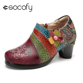 

SOCOFY Retro Embossed Pattern Splicing Florals Slip On Zipper Women Pumps Elegant Shoes Women Shoes Botas Mujer 2020