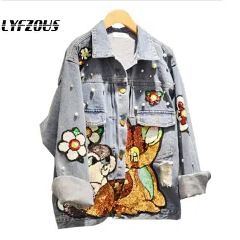 

LYFZOUS Student Korean Cartoon Sequins Denim Coat Women 2020 Spring New Casual Loose Embroidery Jeans Jacket Coats Overcoat