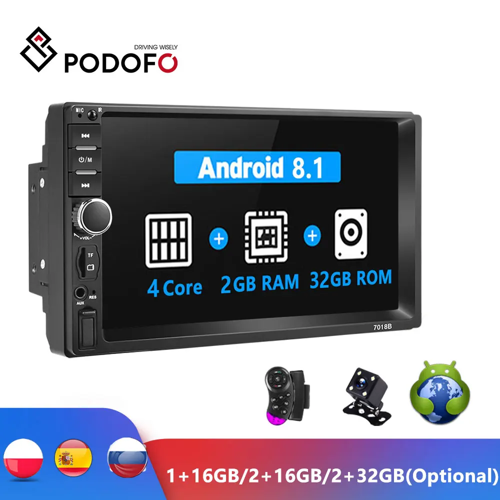 Podofo Android 2 Din автомобильное радио RAM 2 Гб + ROM 32 ГБ Android 7
