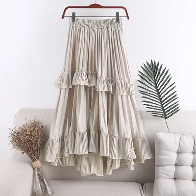 black grey white beige flexible elastic high waist asymmetrical ruffles pleated winter skirt for women womens vintage skirts - Цвет: 2